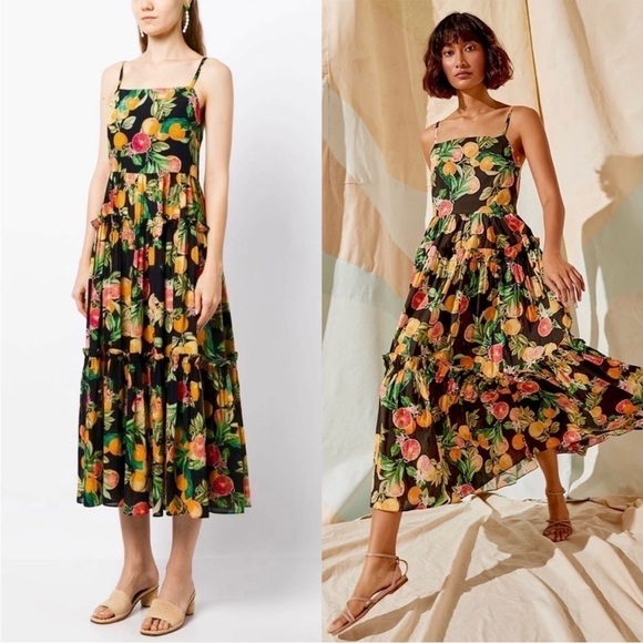 CARA CARA Fruit Print Square Neck Sleeveless Open Back Ruffle Tier Midi Dress L - Picture 2 of 15